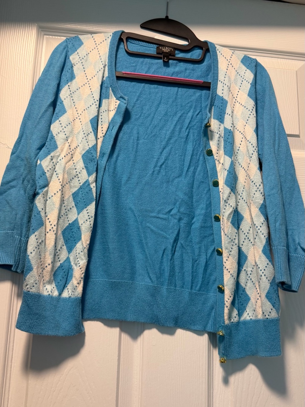 Talbots Sky Blue and White Argyle Cardigan Sweater Petite